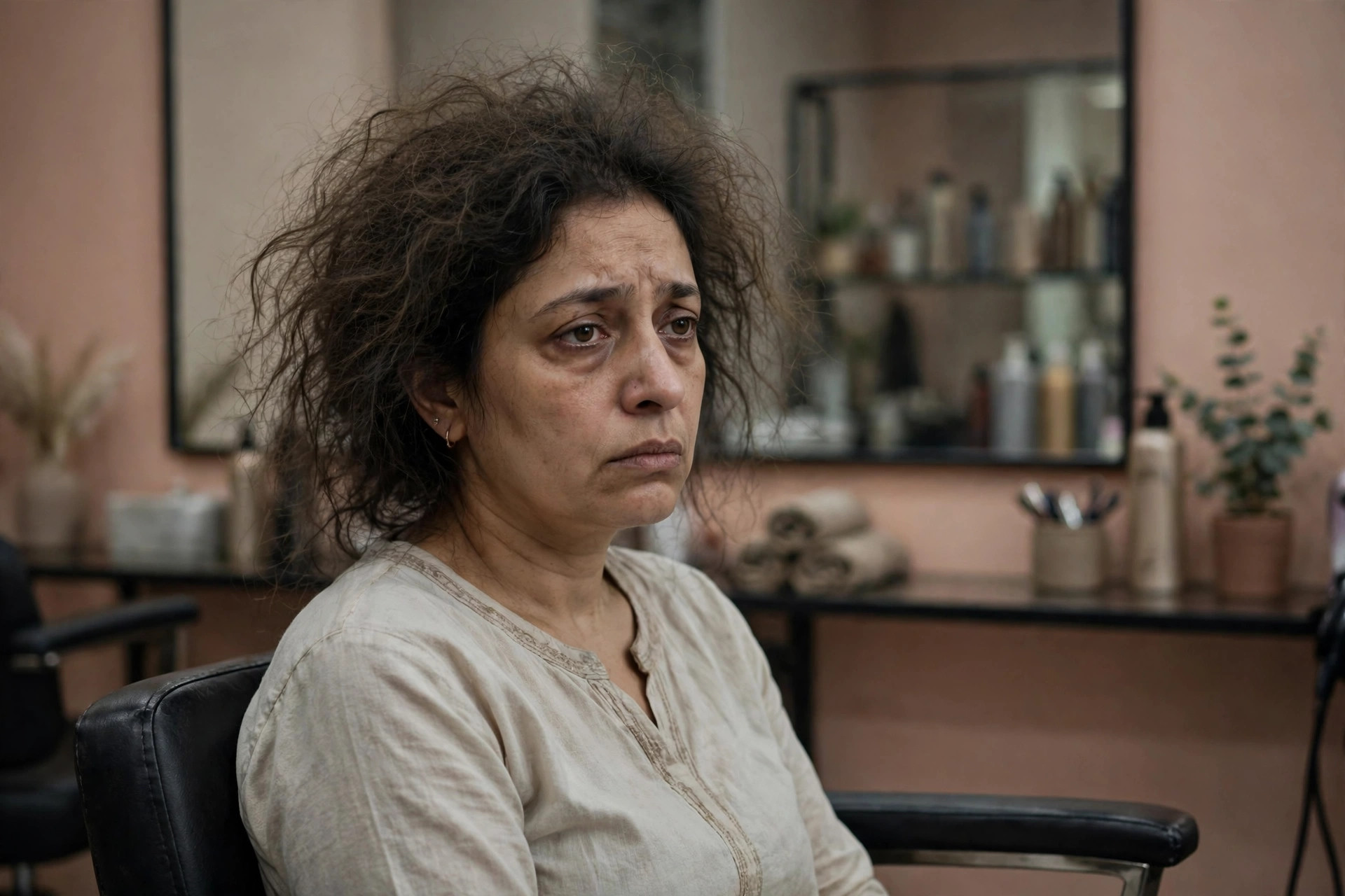 Woman with frizzy, dull hair and tired skin before salon treatments